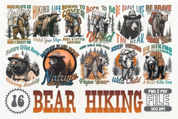 Bear Hiking T-shirt Design Bundle
